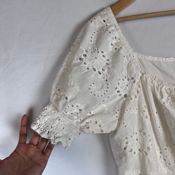 7 FOR ALL MANKIND EYELET PUFF SLEEVES WHITE SUMMER MINI DRESS SIZE LG - Picture 7 of 8